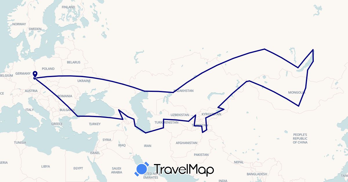 TravelMap itinerary: driving in Afghanistan, Armenia, Azerbaijan, Czech Republic, Georgia, Iran, Kyrgyzstan, Kazakhstan, Mongolia, Russia, Tajikistan, Turkmenistan, Turkey, Ukraine, Uzbekistan (Asia, Europe)